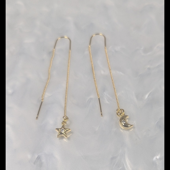 Hand Crafted Jewelry - 18k Gold Star and Moon Threader Earrings  Gold Plated Celestial Earrings
